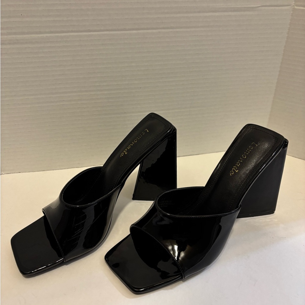 🔵LEMONADE Patent Faux Leather Black Block Heeled Mules - Picture 4 of 11